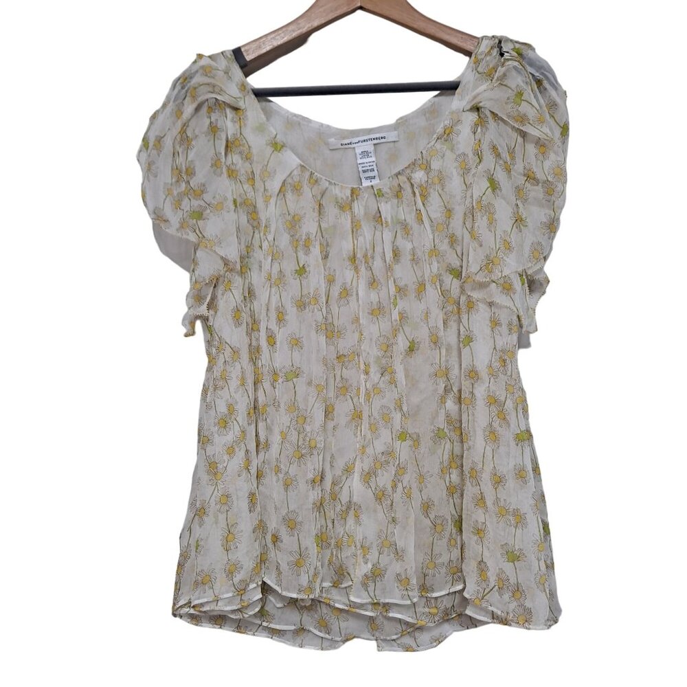 Diane Von Furstenberg Shirt 2 Silk White Yellow Daisy Flutter Coquette Romantic